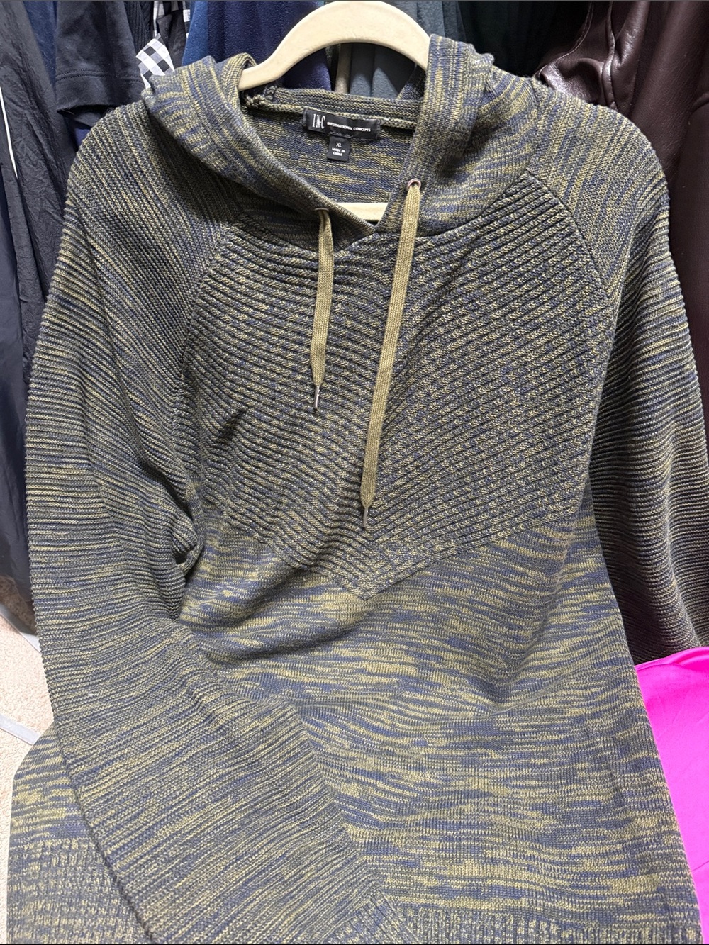 INC International Concepts Olive and Navy Marled Knit Hoodie Sweater